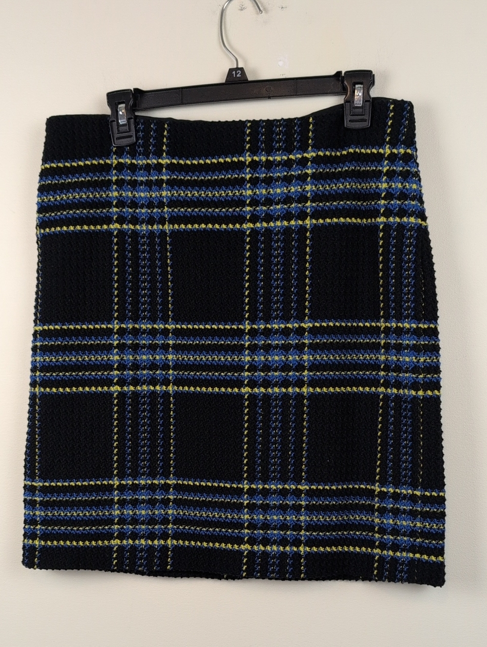 J. McLaughlin Classic Black Plaid Boucle Cotton Knit Pencil Skirt Size 10 Preppy